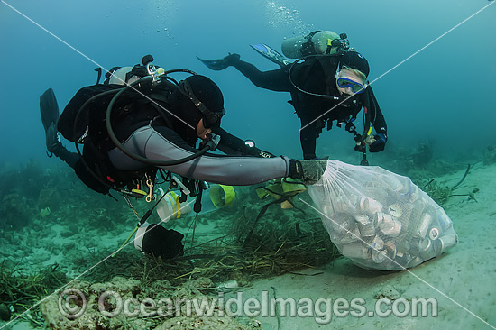 Scuba Diver picking up garbage off reef photo