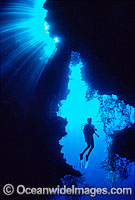 Silhouette of a Scuba Diver exploring an undersea cave. Great Barrier Reef, Queensland, Australia
