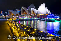 Sydney Opera House and Harbour Bridge decorated in video light during Vivid Sydney's 2017 festival of light, music and ideas. Sydney, New South Wales, Australia.