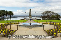 Eternal flame with State War Memorial behind. Kings Park, Perth, Western Australia.
